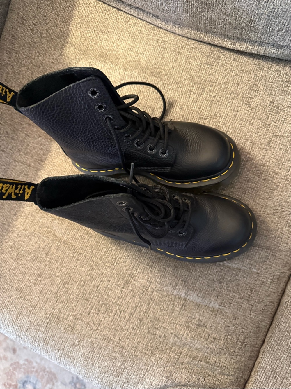 Dr. Marten Black Kids  Lace-Up Combat Boots with Yellow Stitching